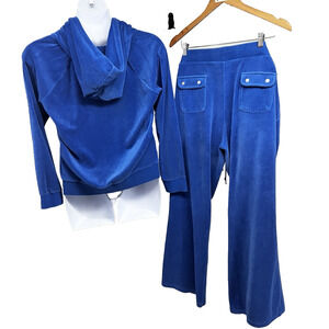 Vintage Y2K Juicy Couture Blue Velour Relaxed Zip Up Hoodie Tracksuit XL Pockets
